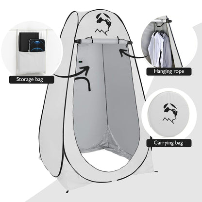 front picture of the USPs of the privacy pop-up shower tent